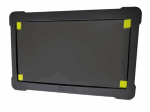 Close-up of a dark gray rectangular frame with bright yellow corner protectors at each corner.