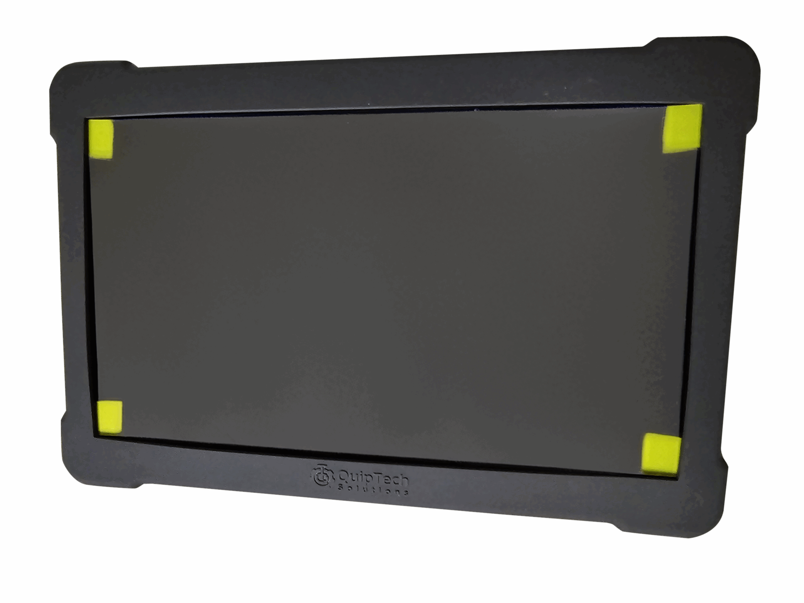 20240805_141633-scaled-1png Close-up of a dark gray rectangular frame with bright yellow corner protectors at each corner.