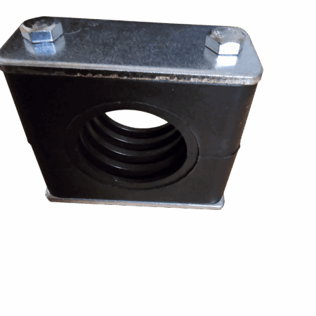 Black metal block with a flanged top and two hex nuts on raised studs, showing a threaded hole on the side (machined mounting piece).
