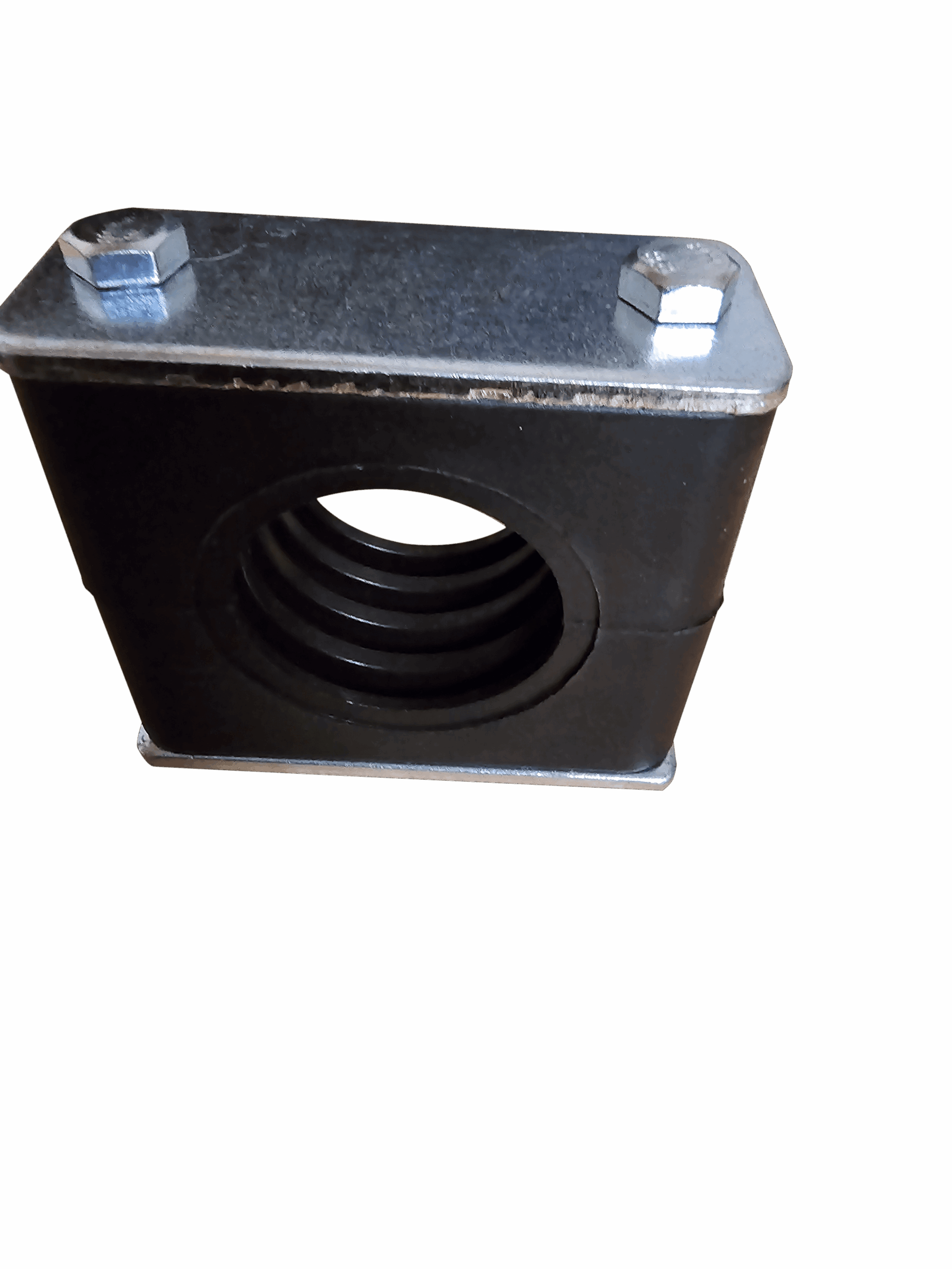 Black metal block with a flanged top and two hex nuts on raised studs, showing a threaded hole on the side (machined mounting piece).