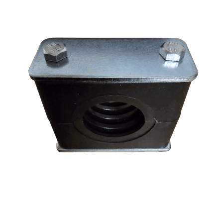 Close-up of a black metal block with a circular threaded hole in the front, capped by a silver plate with two hex nuts on top.