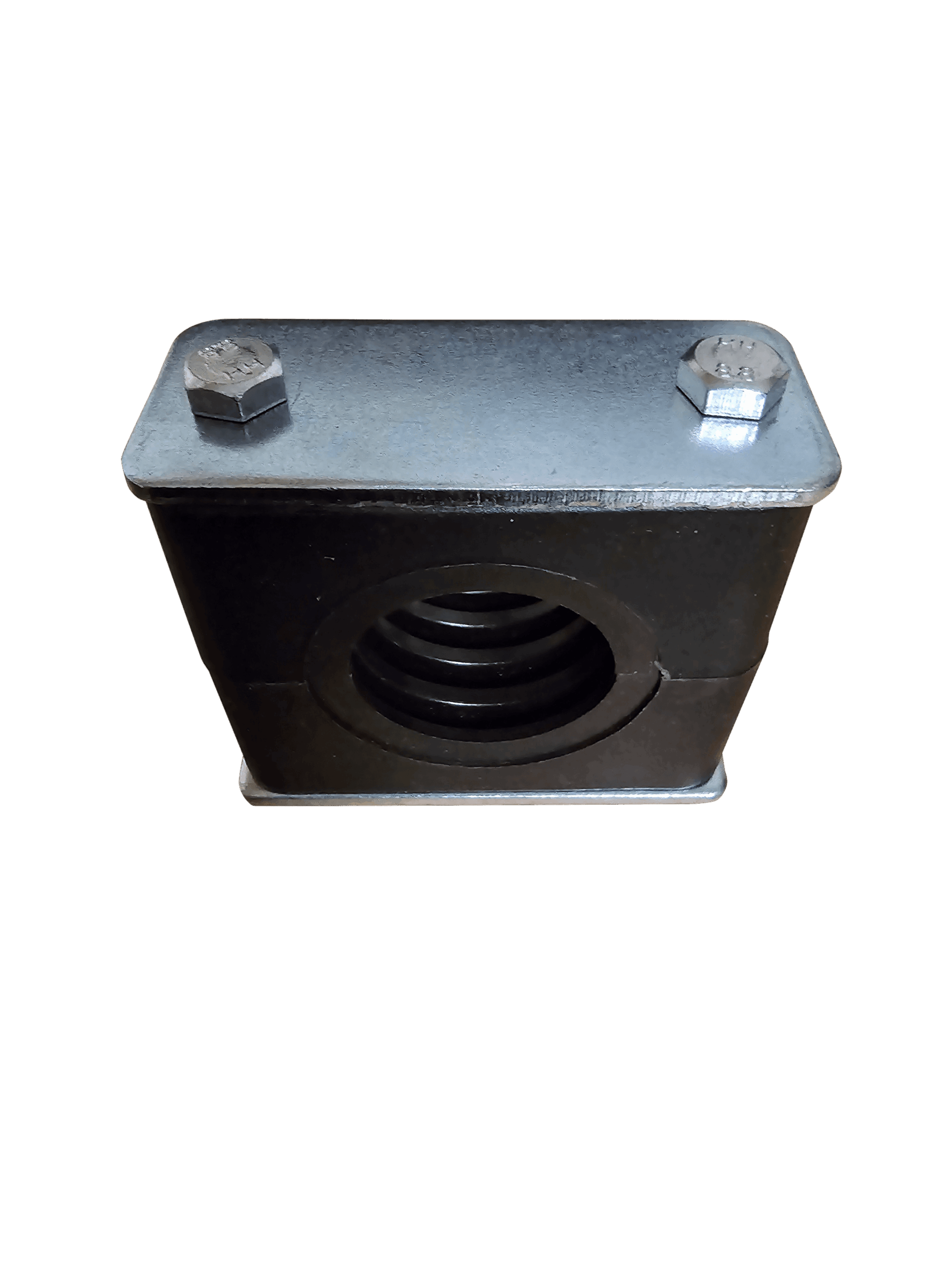 Close-up of a black metal block with a circular threaded hole in the front, capped by a silver plate with two hex nuts on top.