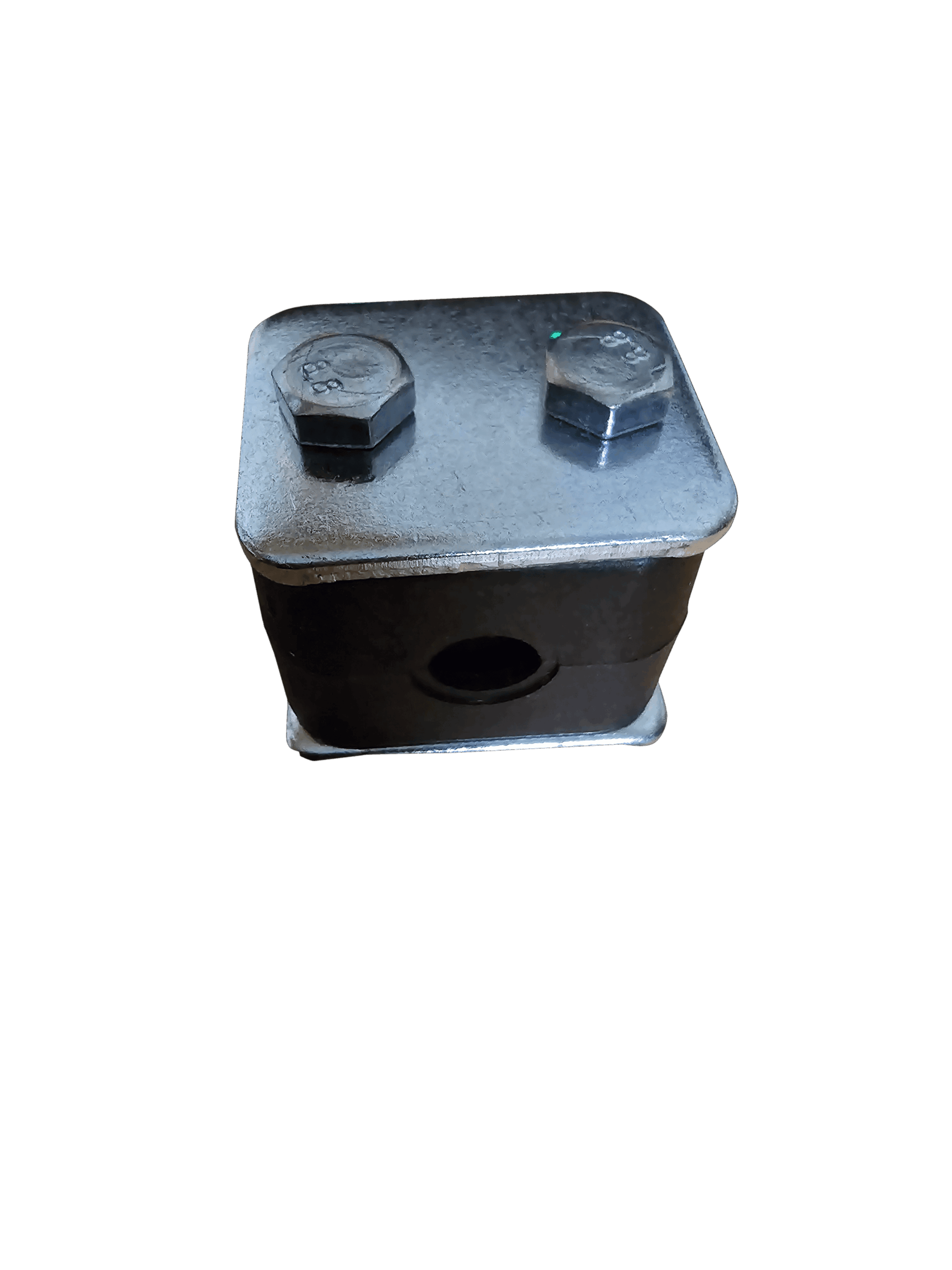 Close-up of a metallic base plate with two hex nuts on top, set against a black background.