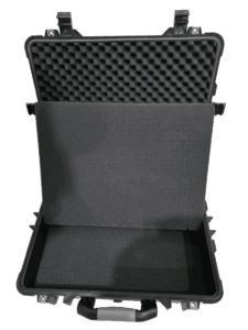 Open hard protective case with egg-crate foam lid and empty lower compartment on a blank background.