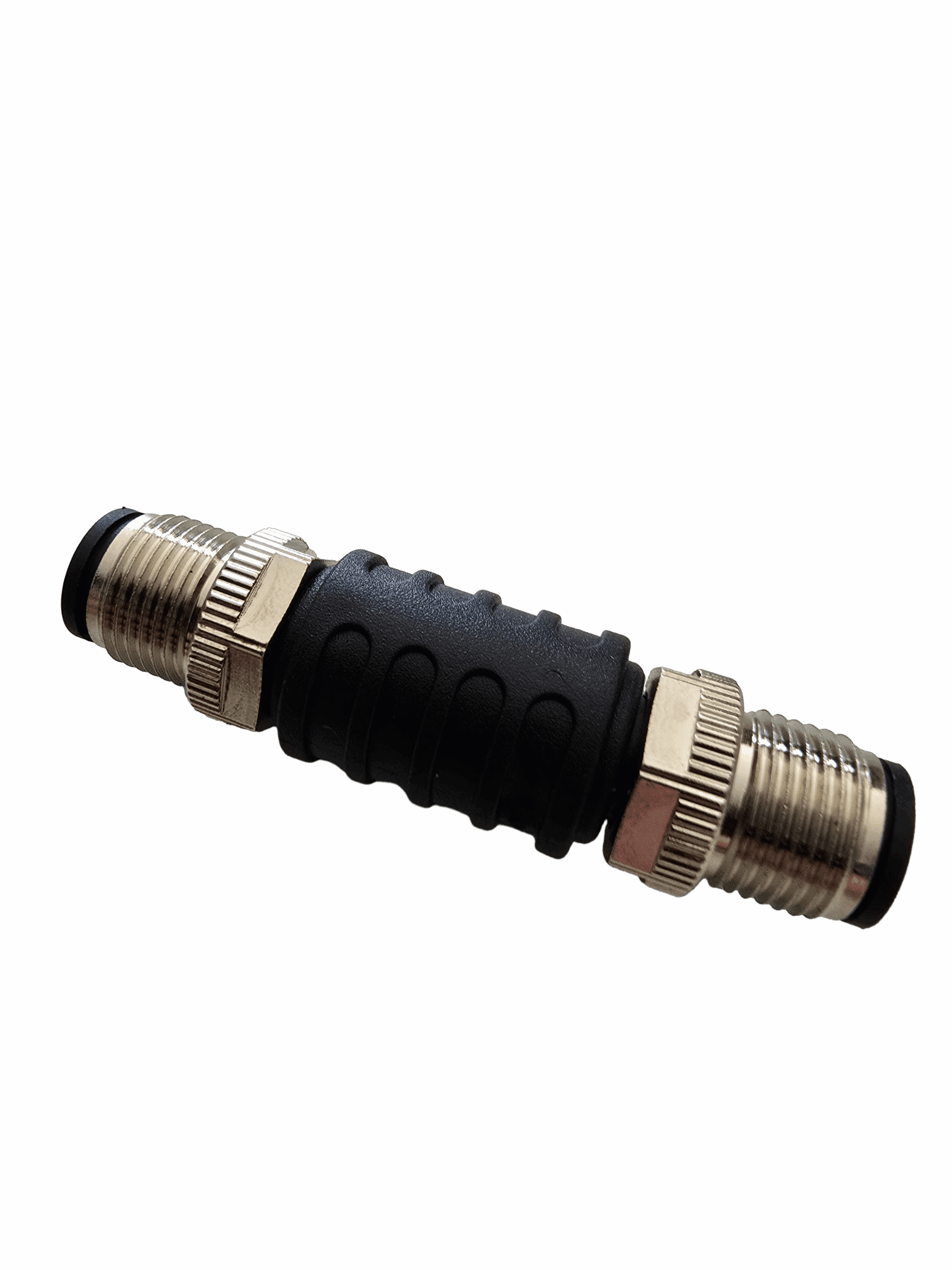 Close-up of a metal hose connector with a knurled nut and black ribbed grip.
