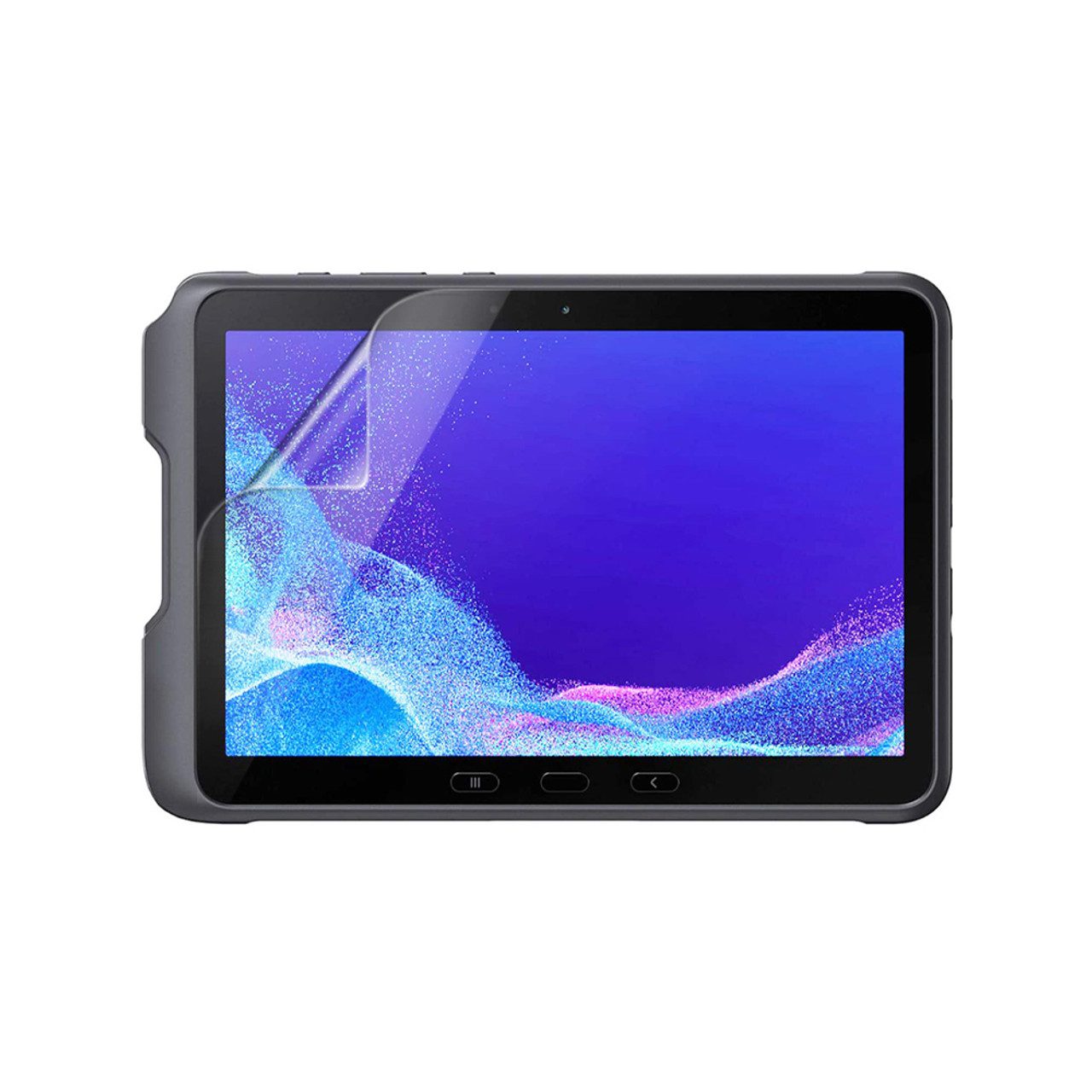 N2311875__1__37295jpg Rugged tablet in a thick protective case with a blue abstract wallpaper on the screen, and a clear screen protector being peeled away on the left corner.