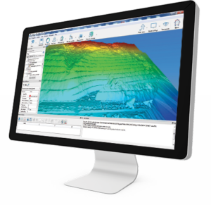 Desktop monitor displaying a GIS window with a colorful 3D terrain model (green to red elevations).