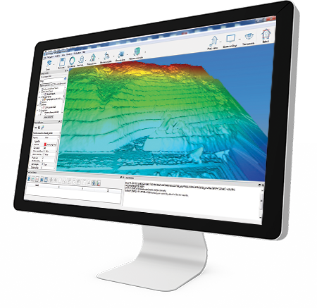 reconstructorpng - Red Edge Resources Desktop monitor displaying a GIS window with a colorful 3D terrain model (green to red elevations).
